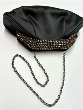 Sondra Roberts Black Satin Evening Clutch Purse Chain Strap w/ Topaz Rhinestones